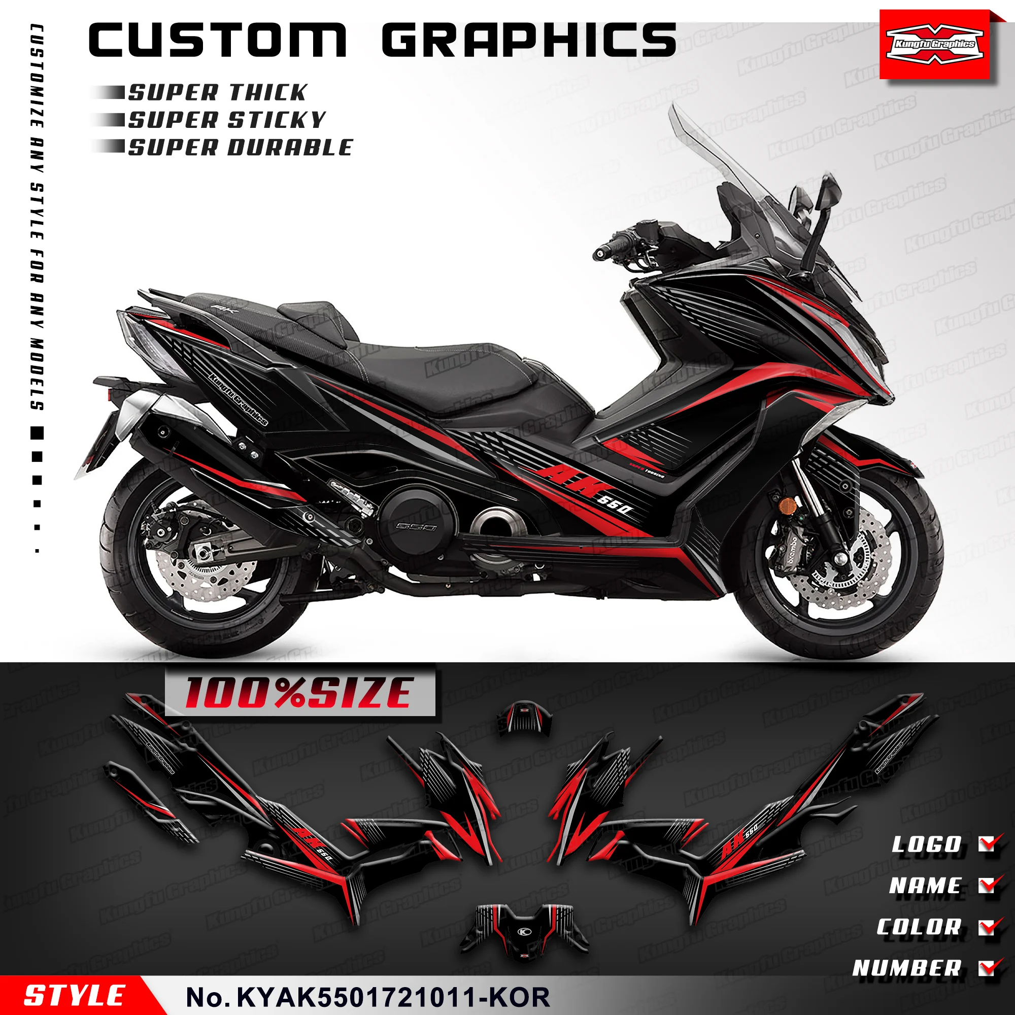 

KUNGFU GRAPHICS Full Decal Sports Scooter Sticker Kit for KYMCO AK550 2017 2018 2019 2020 2021, KYAK5501721011-KOR