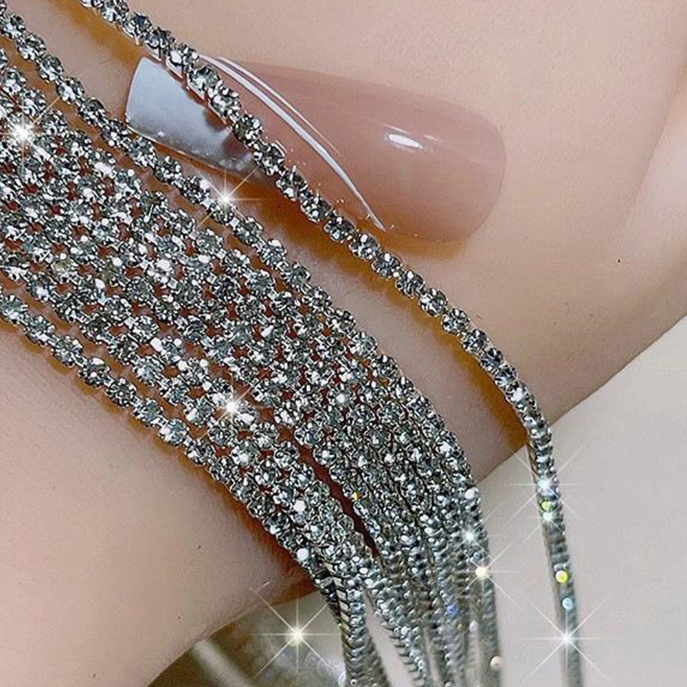 100/50cm Long Luxury Crystal Chain Nail Charms 1.5/2mm Shinying Clear/AB Diamond Nail Art Metal Steel French Manicure Crystal