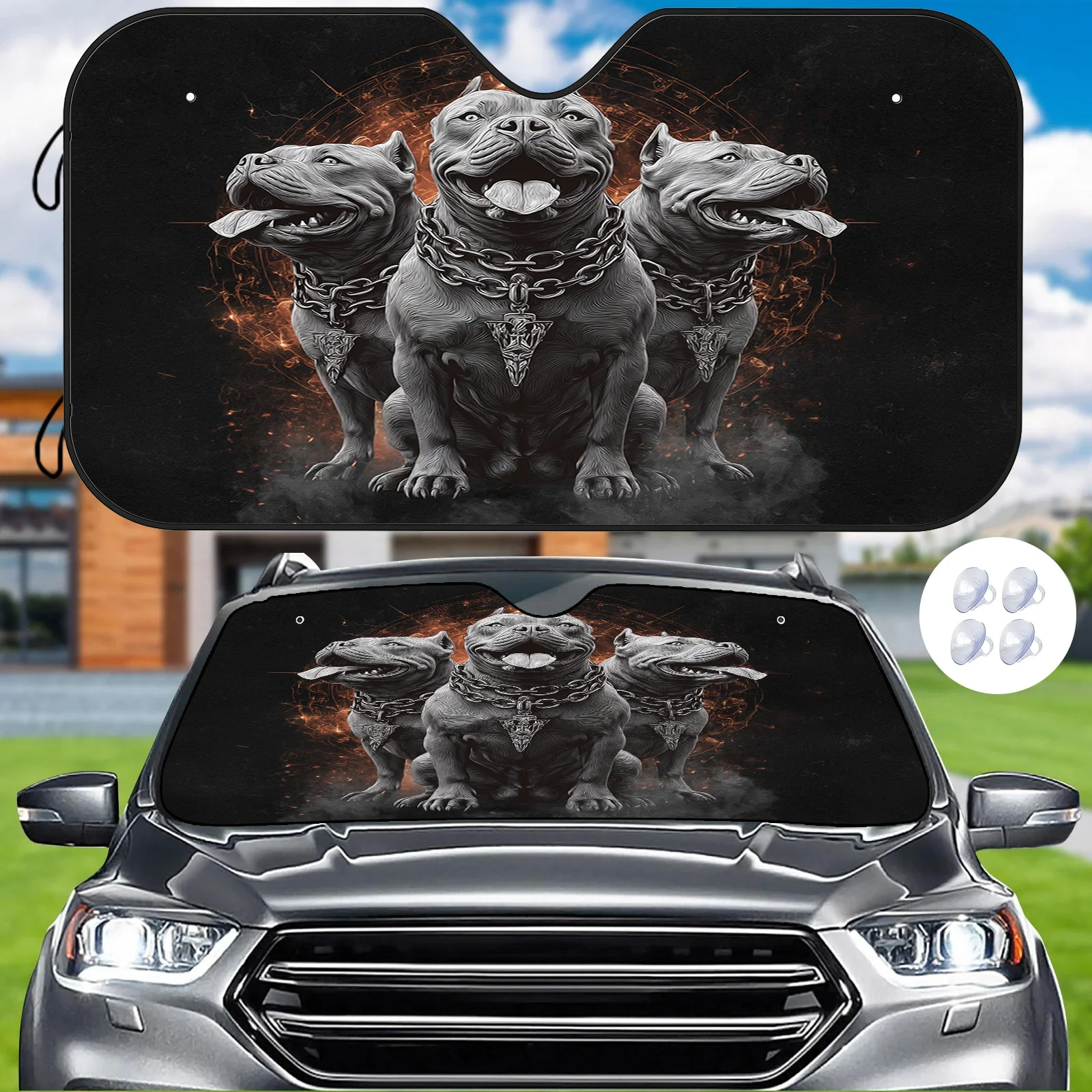 

Three-Headed Dog Mythical Figure Car Sunshade, Heat Insulation And High-Temperature Protection, Balances Interior Temperature, I