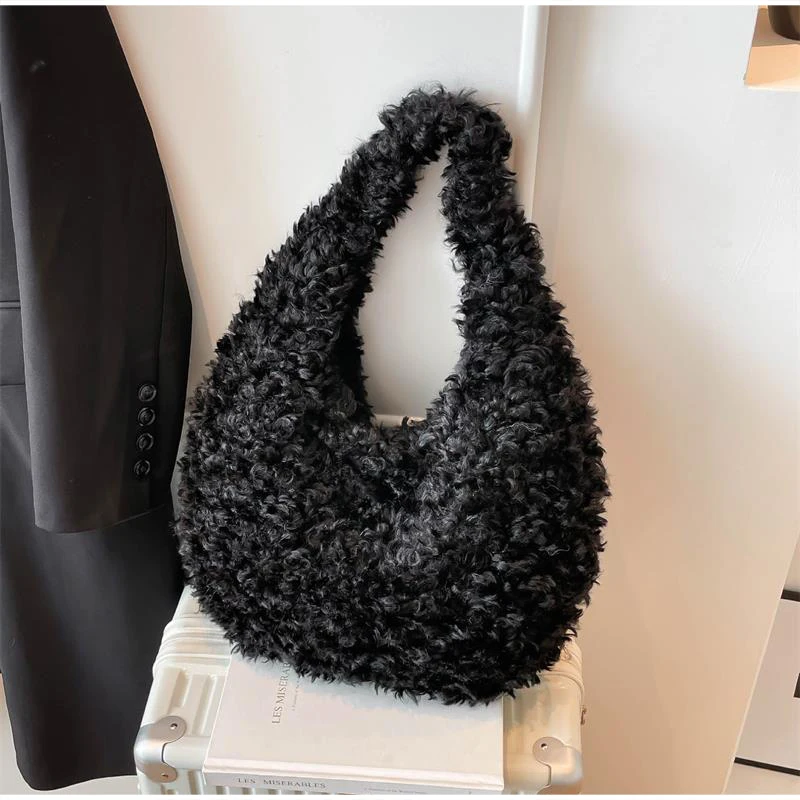 Flauschige, lockige Kunstfell-Hobo-Schultertasche, Plüsch-Halbmond-Unterarmtasche, weiche Teddy-Fuzzy-Halbmond-Handtasche, warme Winter-Handtasche für Damen – Detail 20