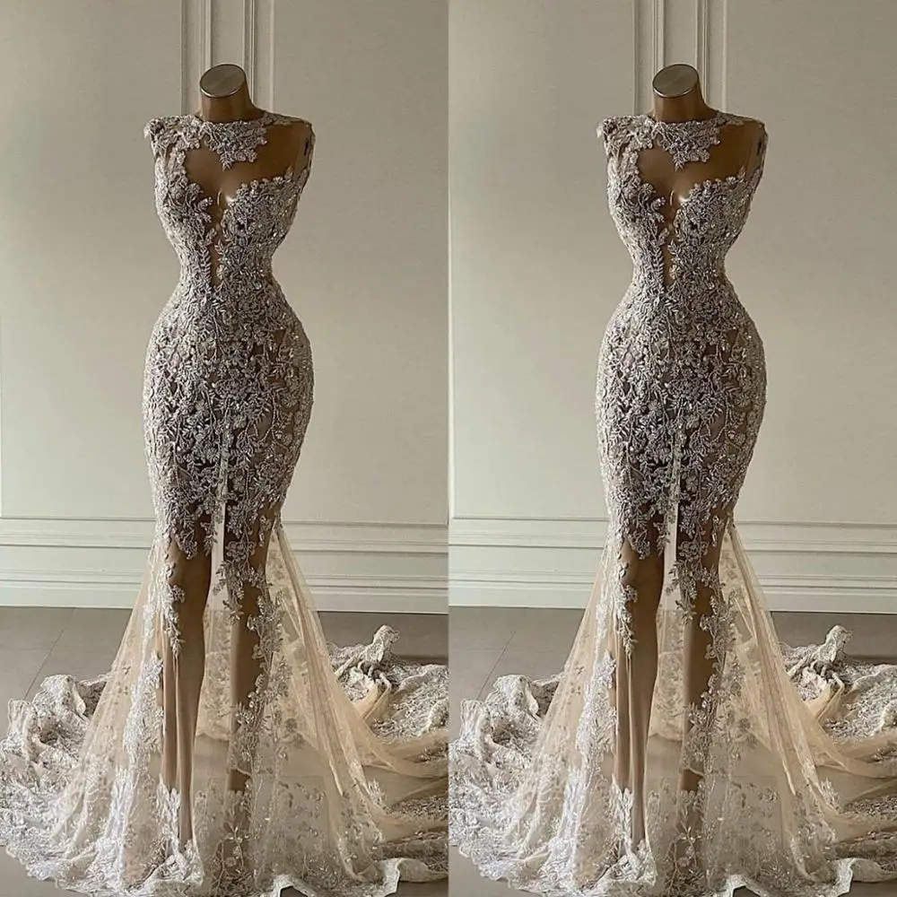 Mermaid Wedding Dress Elegant Sleeveless Halter Neck Bridal Floor Length Appliques Sequins Strapless Robe De Mariée Customized