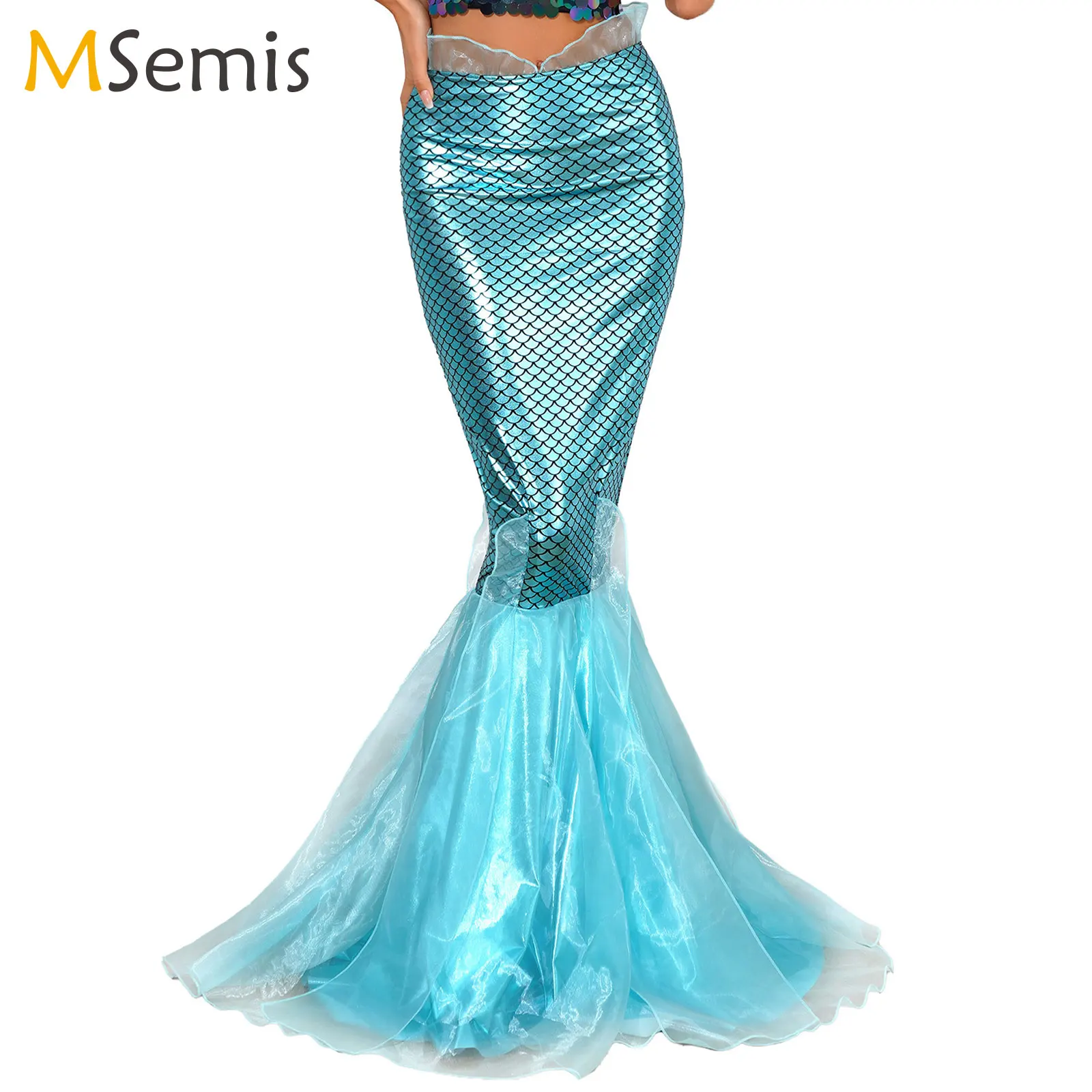 

Women's Halloween Mermaid Tail Skirt Cascading Tulle Fish Scale Print Metallic Shiny Maxi Fishtail Skirt Mermaid Cosplay Costume