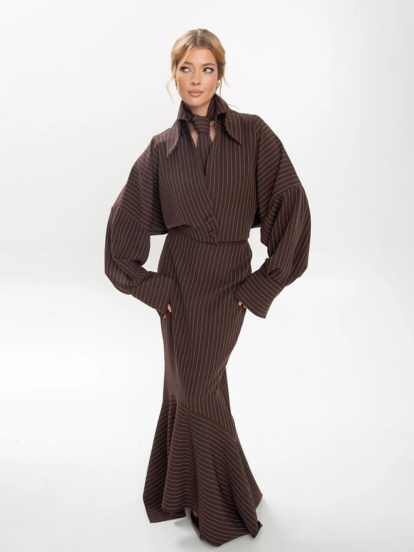 بدلة نوم نسائية مخططة من Marthaqiqi رداء بأربطة وأكمام طويلة ملابس نوم مثيرة بياقة مقلوبة بيجامة تنورة طويلة طقم ملابس نوم #1