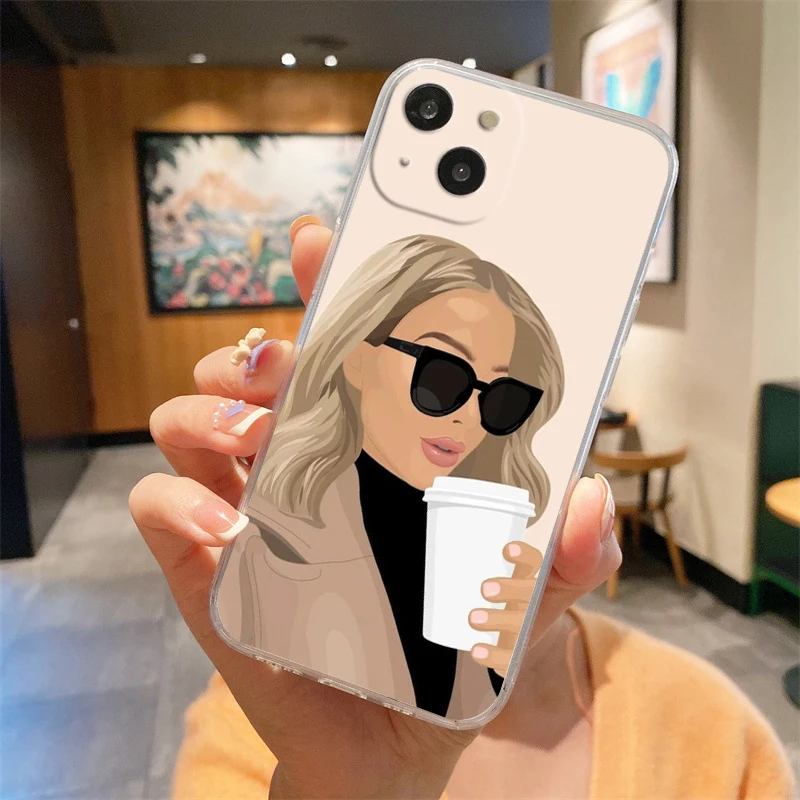 حافظة لهاتف آيفون 16E 15 16 14 13 12 11 Pro Max XS Max 7 8 16 Plus SE2 غطاء شفاف من البولي يوريثان الناعم فتاة بوس أنثى القهوة