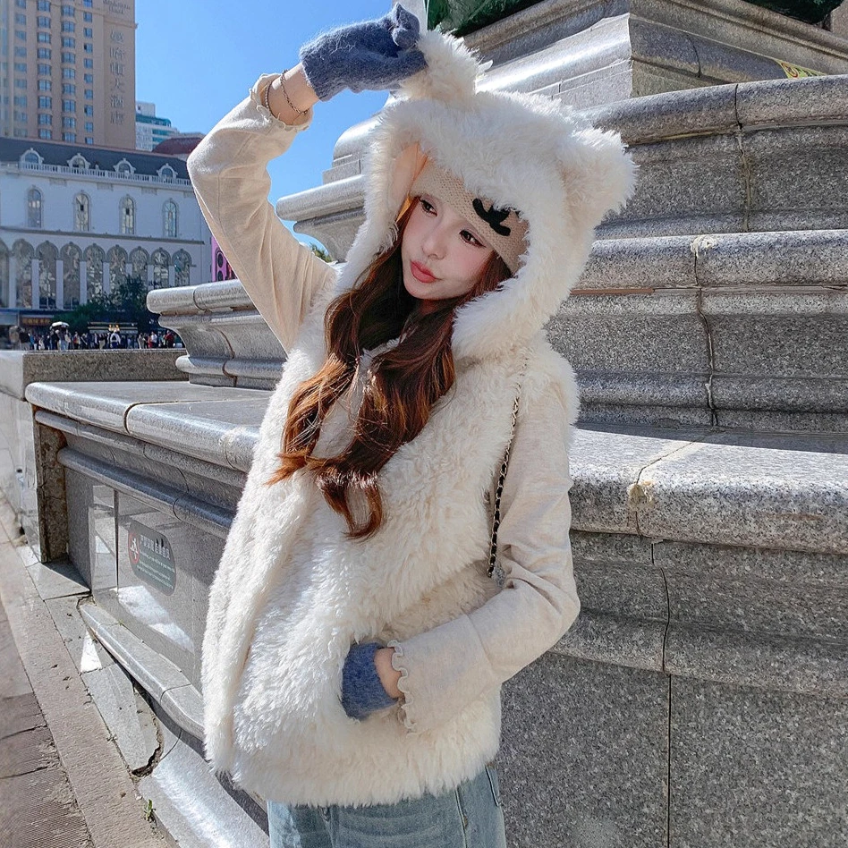 Women Faux Fur Vest Coats Jackets Hooded Sleeveless Coat Thick Warm Y2k Streetwear Jacket Elegant Work Outerwear Autumn Winter