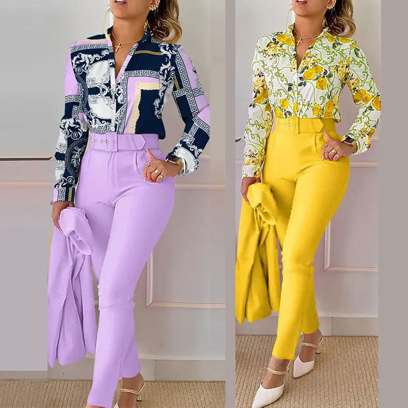 Print Button long Sleeve Two Piece Set Women V-neck Shirt And Pants Elegant Suits 2023 Fashion Women Slim Office Blouses Sets