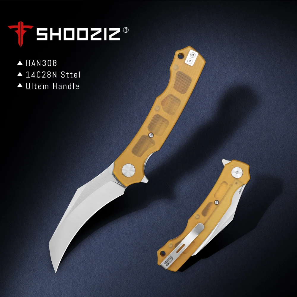 

Shooziz-HAN308,Pikal Pocket EDC Knife for Men , Hawkbill Folding Knife & Ultem/G10 Handle，3.15"14C28N Steel Flipper Blade