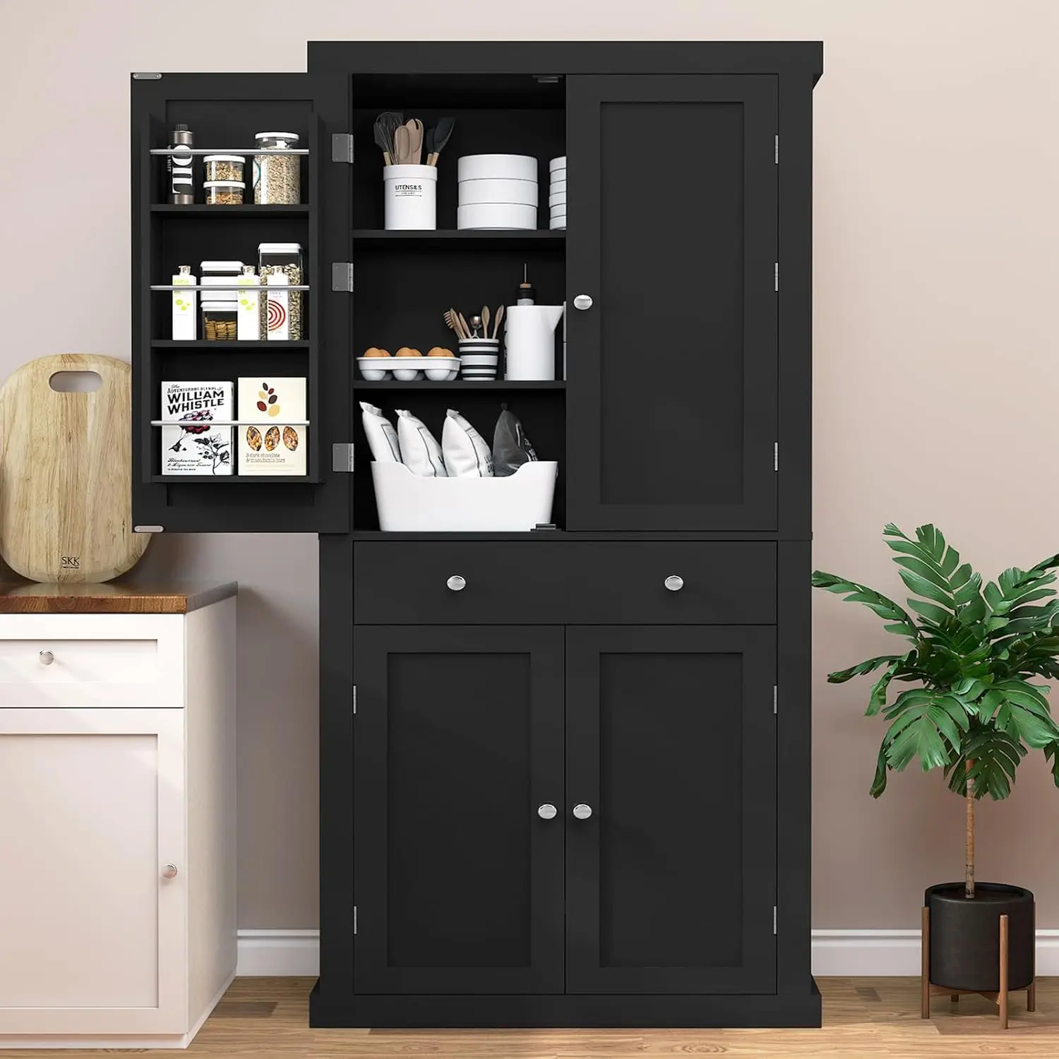 new 72” Kitchen Pantry Cabinet, Tall Storage Cabinet with 4 Doors and 1 Drawer, Freestanding Cupboard with 6 Hanging, Customized