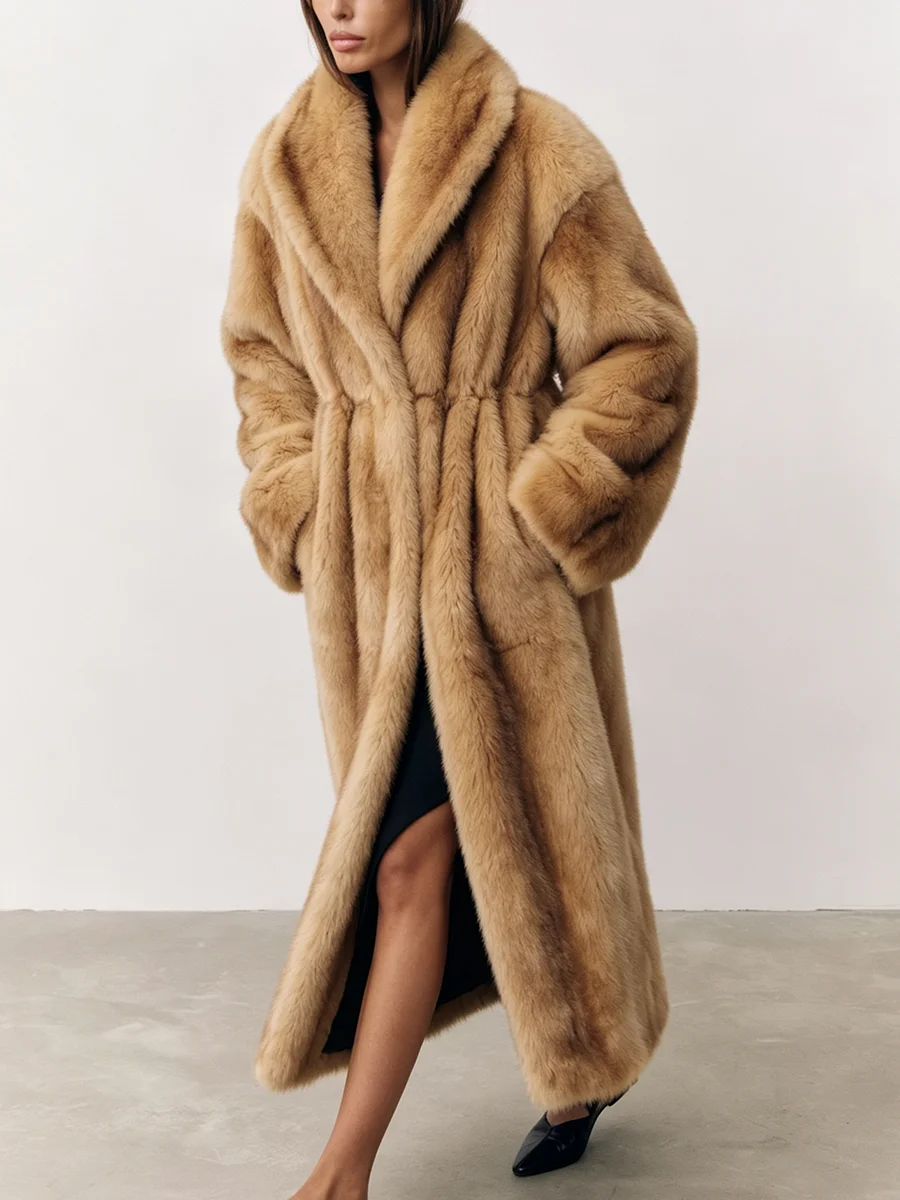 LIMO Women Faux Fur Long Coat Lapel Collar  Fluffy Warm Winter Elegant Ladies Fashion Outerwear Party Overcoat