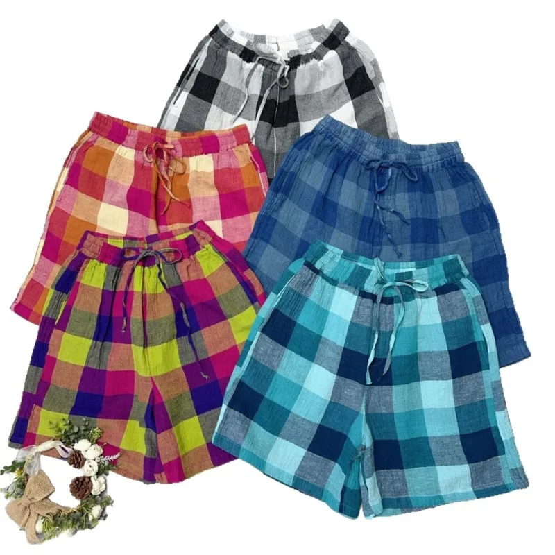 Johnature Pantaloncini da donna in lino tinto in filo nuovo estivo casual 2025 Pantaloncini da casa per le vacanze con cravatta allentata multicolore in vita elastica semplice