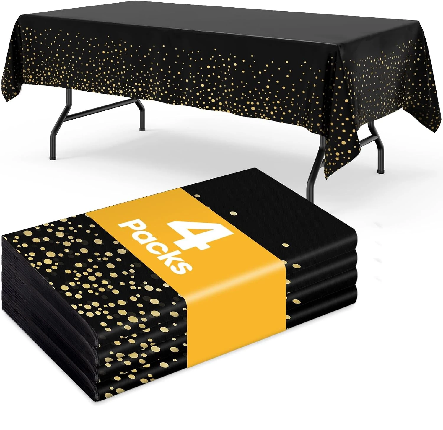 Black and Gold Plastic Table Cloth - 4 Pack Rectangle Disposable Tablecloths for 6FT Tables, Table Cover for Party