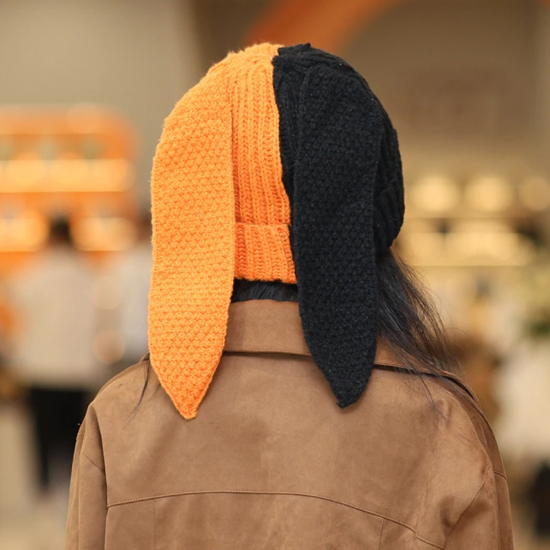 Korean Cute Contrast Color Rabbit Ear Knitted Hat Winter Keep Warm Beanie For Women