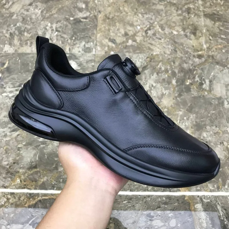 Men Genuine Leather Rotary Knob Sneakers BOA Quick‑Lace Thick Sole Lightweight Business Casual Walking Sports Shoes