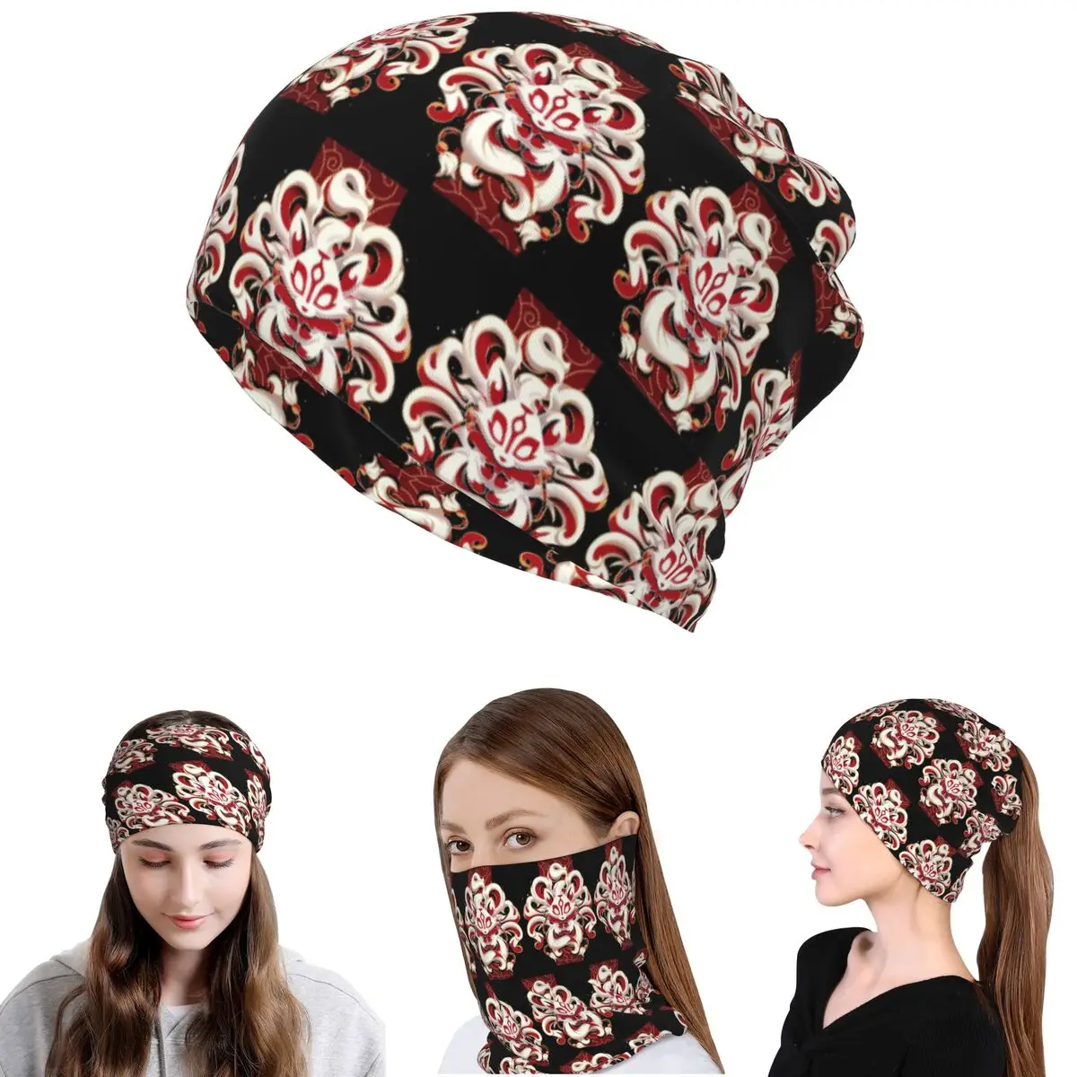 Fox Spirit Kitsune Japanese Kabuki Bandana Neck Cover Mask Scarf Multifunction Cycling Scarf Beanies Hat for Men Women Adult