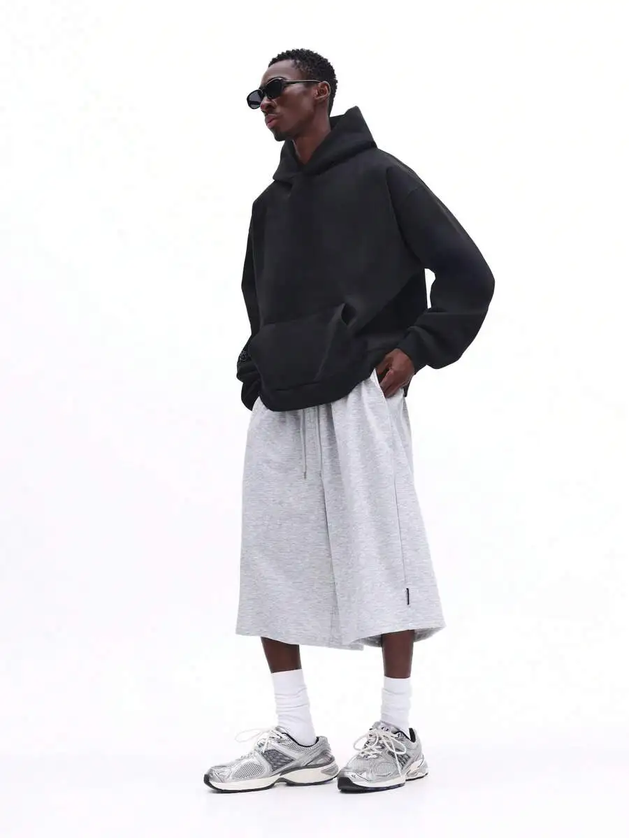 

Mens Gray Heathered Wide-Leg Sweat Skort With Drawstring Waist, Elastic Band, Side Pockets, Loose Fit For Casual Or Loungewear