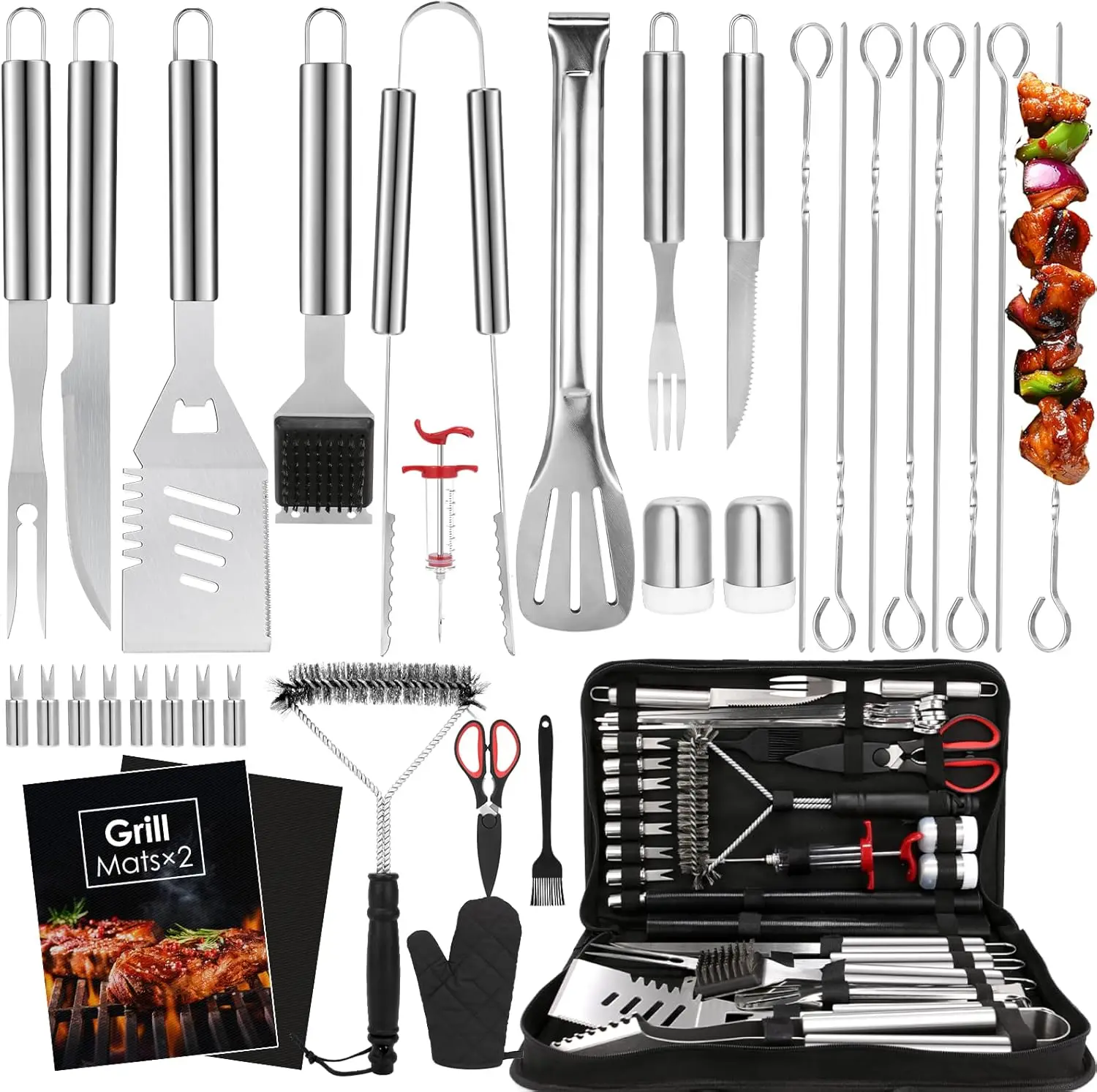 

34Pcs BBQ Grilling Set, Stainless Steel Tools with Glove & Mat, Carrying Bag, Silver – Outdoor Camping Grill Accessories for Men