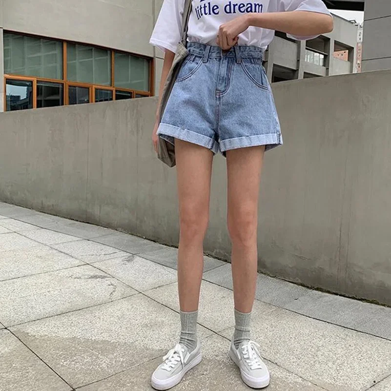 ZMZBCH Summer High Waist Denim Shorts Women Casual Loose Ladies Fashion Plus Size Elastic Waist Wide Leg Short Jeans Female