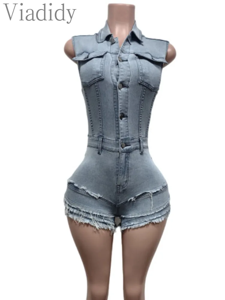 Pagliaccetti da donna sexy in denim tinta unita senza maniche con bottoni sul davanti