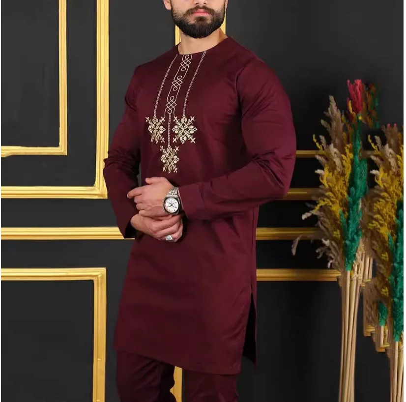 Kaftan Luxury Men Suit Embroied Top pantaloni 2 pezzi Set Das