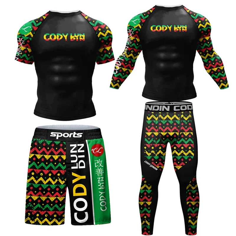 Rashguard Grappling Jiu Jitsu MMA t-shirt + spodnie męskie sportowe 4 sztuk/zestaw Bjj koszulki bokserskie na siłownię odzież MMA spodenki Boxeo