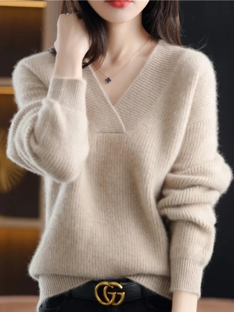 

New Cozy Soft V-neck Long-sleeved Loose Women's Knitted Blouse Casual Solid Color Pullover Gentle Knit Sweater