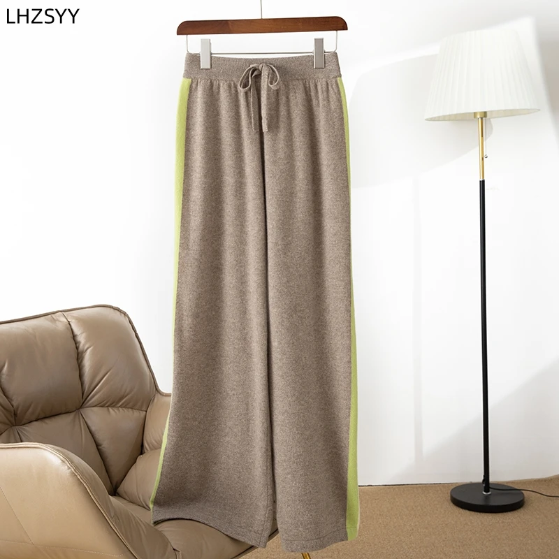 

LHZSYY 100% Merino Pure Wool Wide-Leg Pants Ladies' New Elastic Waist Mopping Loose Knit Straight Trousers Warm Contrast Pants