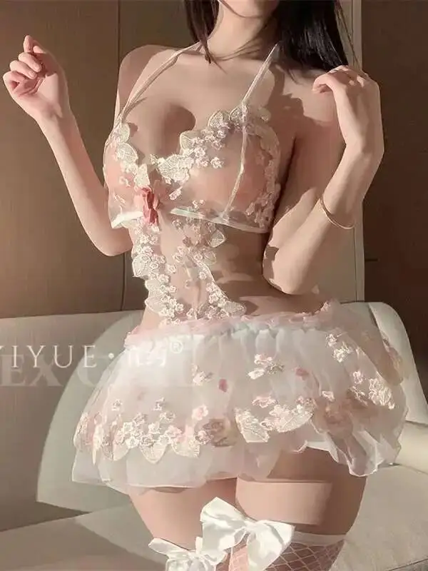 Vestido Sexy bordado Soluble en agua Puff elegante mujer puro deseo Sexy con cordones uniforme camisón tanque cuello en V Mini vestido MDP7