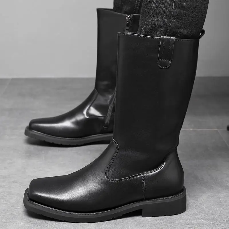 

Tall Boots for Men Leather Side Zipper Large Size Inner Height Increase Denim Motorcycle Work High Top Model Winter for Ankle