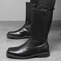 Tall Boots for Men Leather Side Zipper Large Size Inner Height Increase Denim Motorcycle Work High Top Model Winter for Ankle