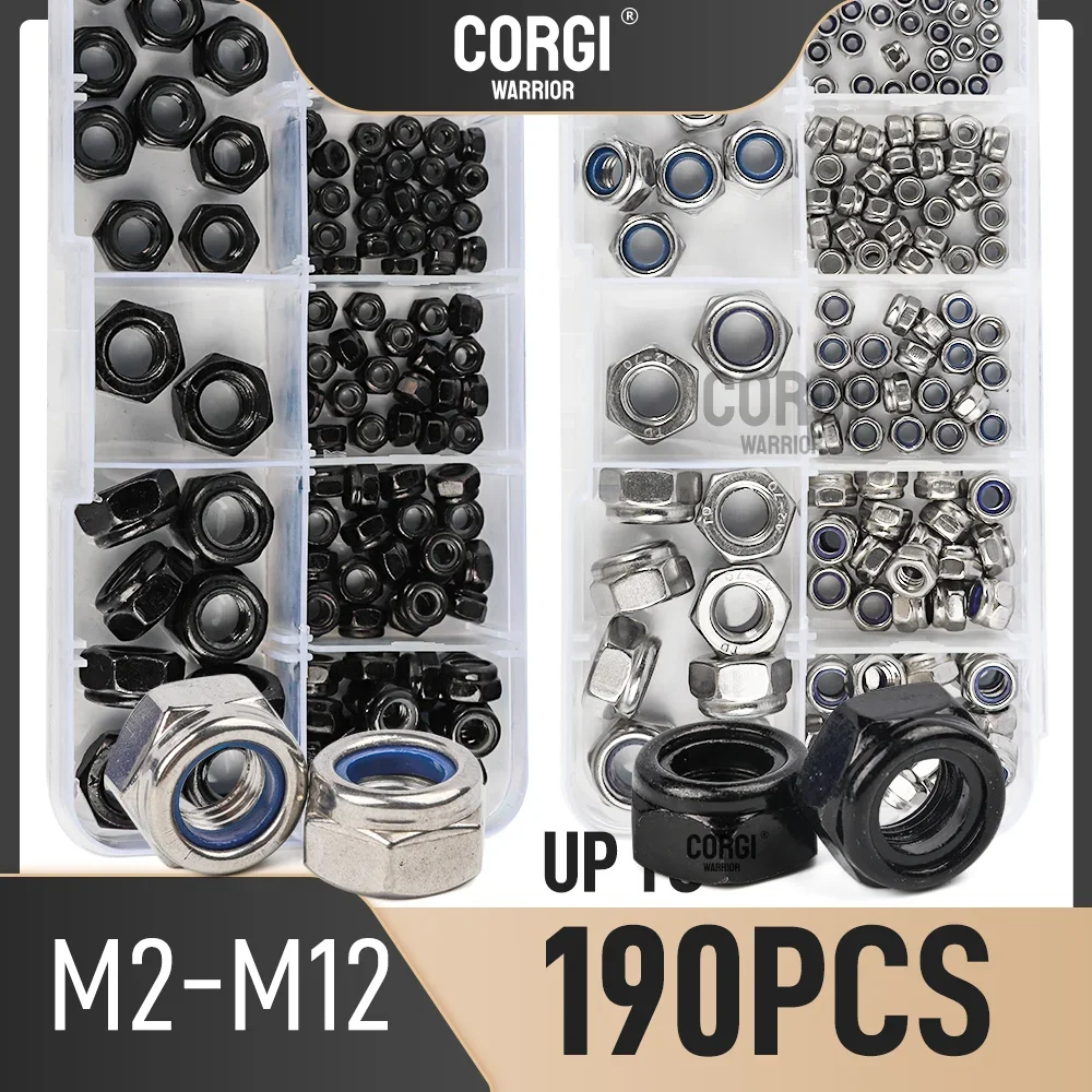 up to 190 Metric Black Zinc Plated Nylon Insert Hex Lock Nuts Assortment Kit M2 M2.5 M3 M4 M5 M6 M8 M10 M12 304 Stainless Steel