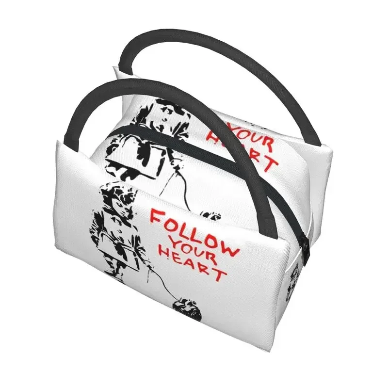 

Custom Banksy Follow Your Heart Lunch Bag Men Women Cooler Thermal Insulated Lunch Box for Work Pinic or Travel Shoulder Bag