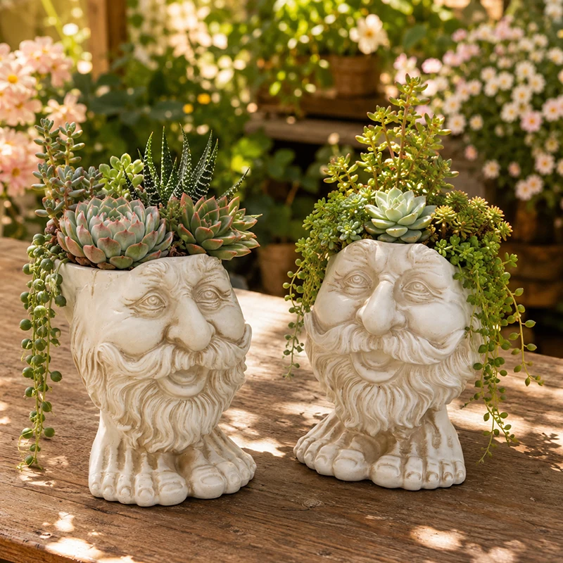 Antique Textured Bearded Man Plant Pot Figurine Elder Face Sculpture For Vintage Cottage Living Room Patio Table Decor Accent