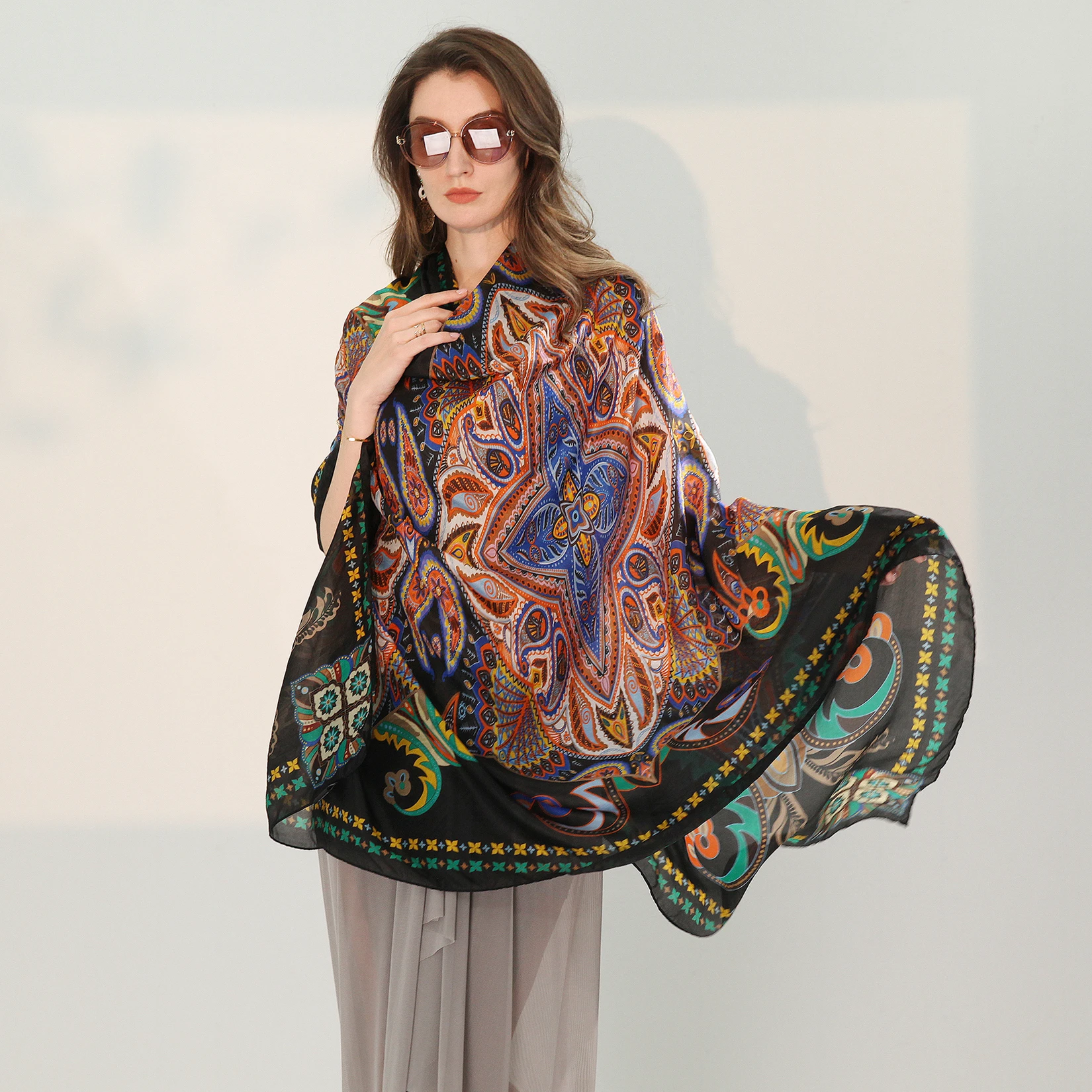 Bufanda de seda pura para mujer, chal largo, elegante, clásico, estampado, moda de primavera y otoño, invierno
