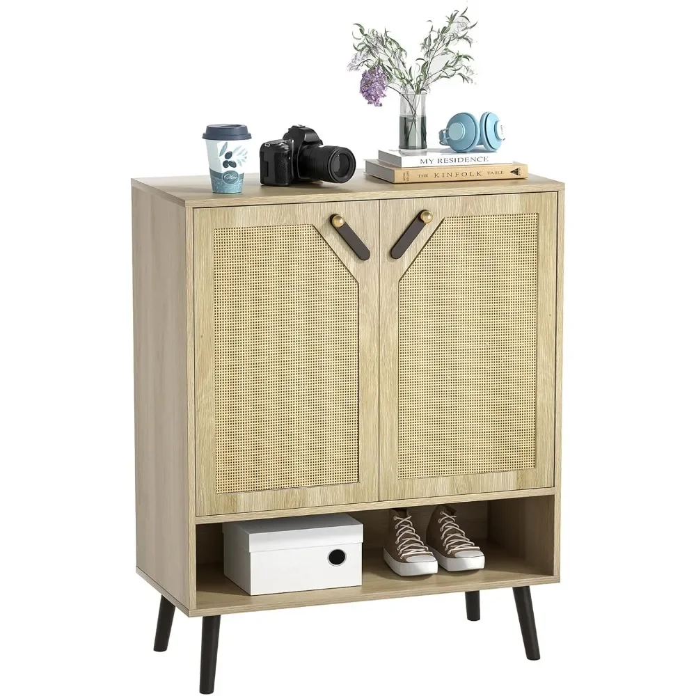 

Cabinet Farmhouse Boho Rattan Shoe Cabinet with Doors and Shelves Shoe Storage Cabinet for Entryway Hallway