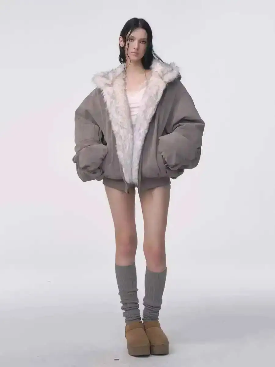 Abrigo de piel sintética para mujer, abrigo de piel Retro americano de invierno, chaqueta acolchada de algodón con capucha para mujer, chaqueta informal de felpa Harajuku de gran tamaño