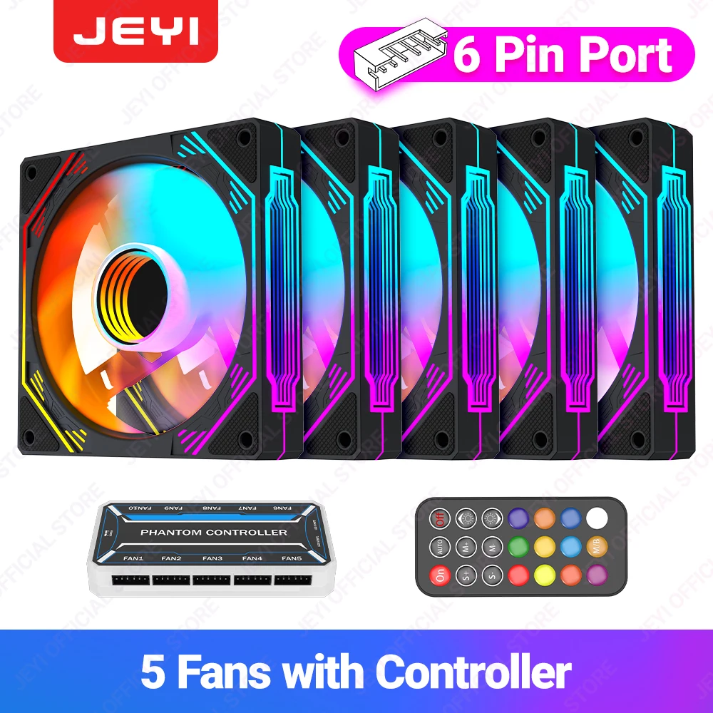 JEYI RGB-koelventilatoren 120 mm computerbehuizing Hoge prestatieventilatorset 6-pins pc-ventilatorkoeler Stille radiator met ARGB-controller