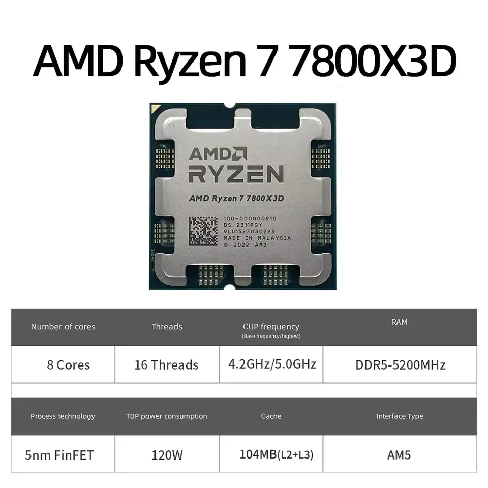 معالج ألعاب AMD RYZEN 7 7800X3D CPU AMD R7 7800X3D 8-Core 16-Thread 5NM 96M مقبس AM5 بدون مروحة لعبة كاش Hot No Fan