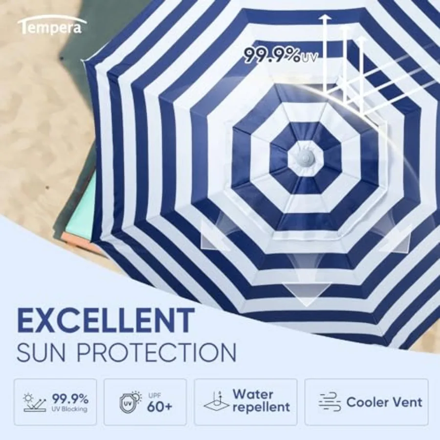 Tempera Heavy Duty High Wind Beach Umbrella with Sand Anchor and Carry Bag Patio Outdoor Umbrella with Aluminum Frame and Push
