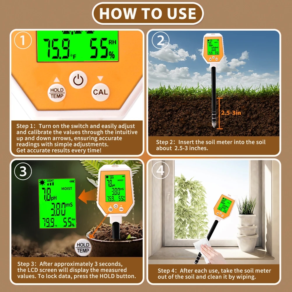 Multifunction Soil Meter Digital Hygrometer Ph Tester Moisture/Air Humidity/EC Test Thermometer Removable Panel for Garden