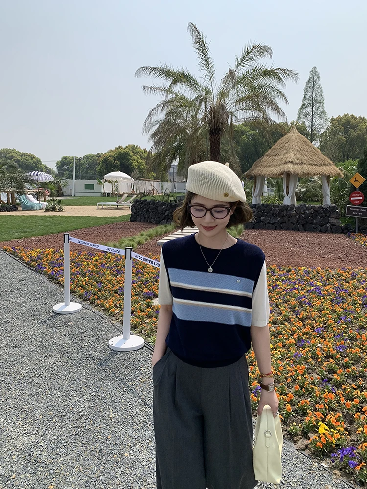 

ELINSU Women's Casual Wool Knit ort Sve T-irt round Ne Color Blo Stripe Design Fake Two-Piece Sle Comfortable Fit