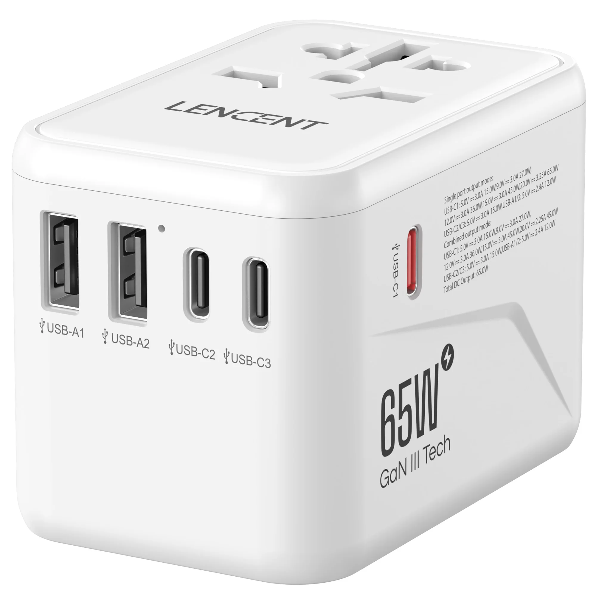 LENCENT 65W/45W/30W GaN Universal Travel Adapter with USB-A and Type C Fast Charging Power Adapter EU/UK/USA/AUS Plug for Travel