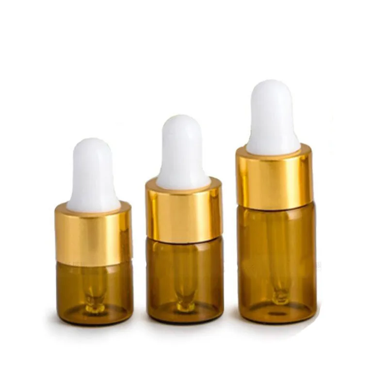 10Pcs 1/2/3 ml Amber Glass Essential oil Aromatherapy Dropper Bottles Gold Aluminum Cap Reagent Drop Eye Liquid Pipette Bottle