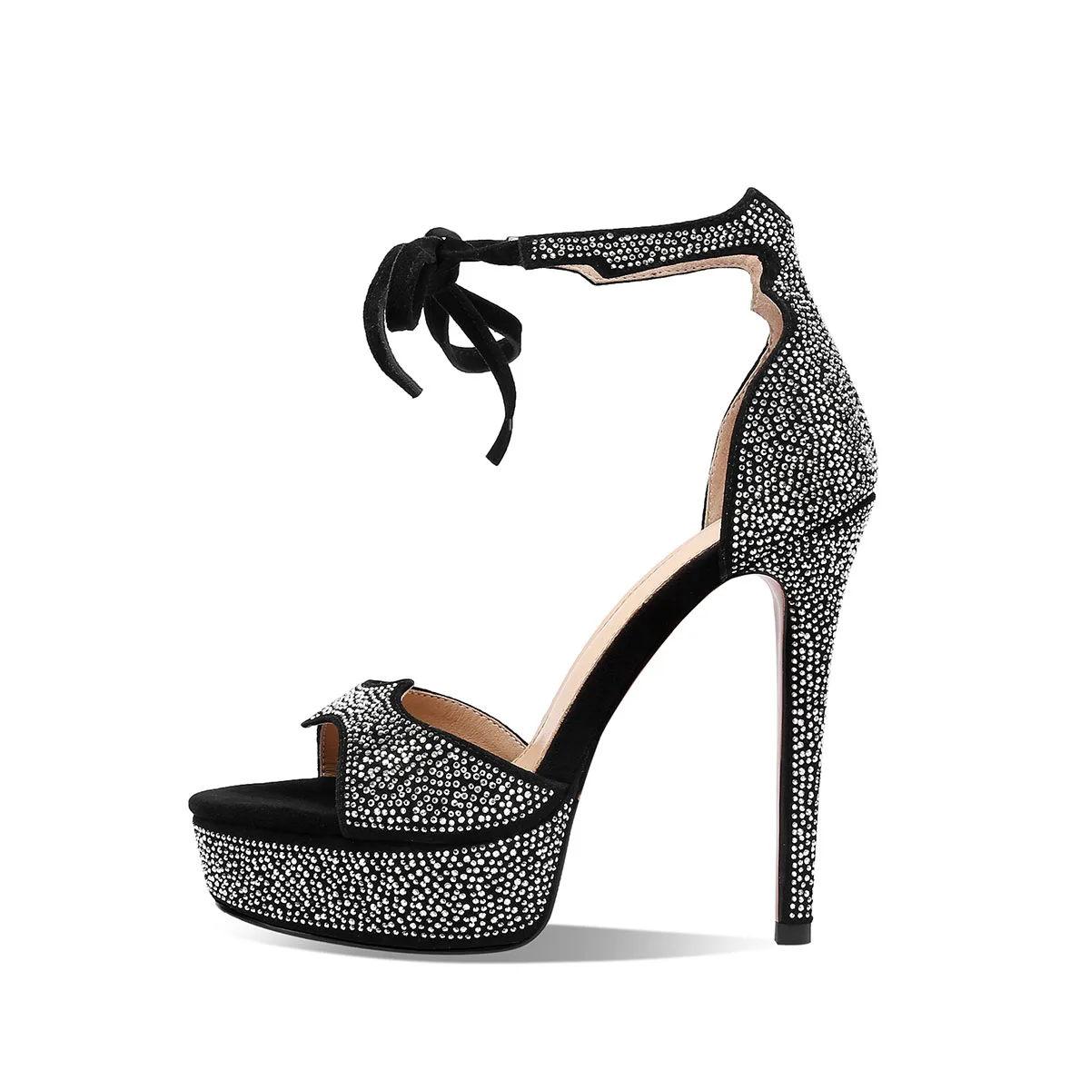 

Arden Furtado 2025 Summer Sheep suede Platform Crystal Banquet shoes round toe Super high heel Lace up bowknot Open toe Sandals