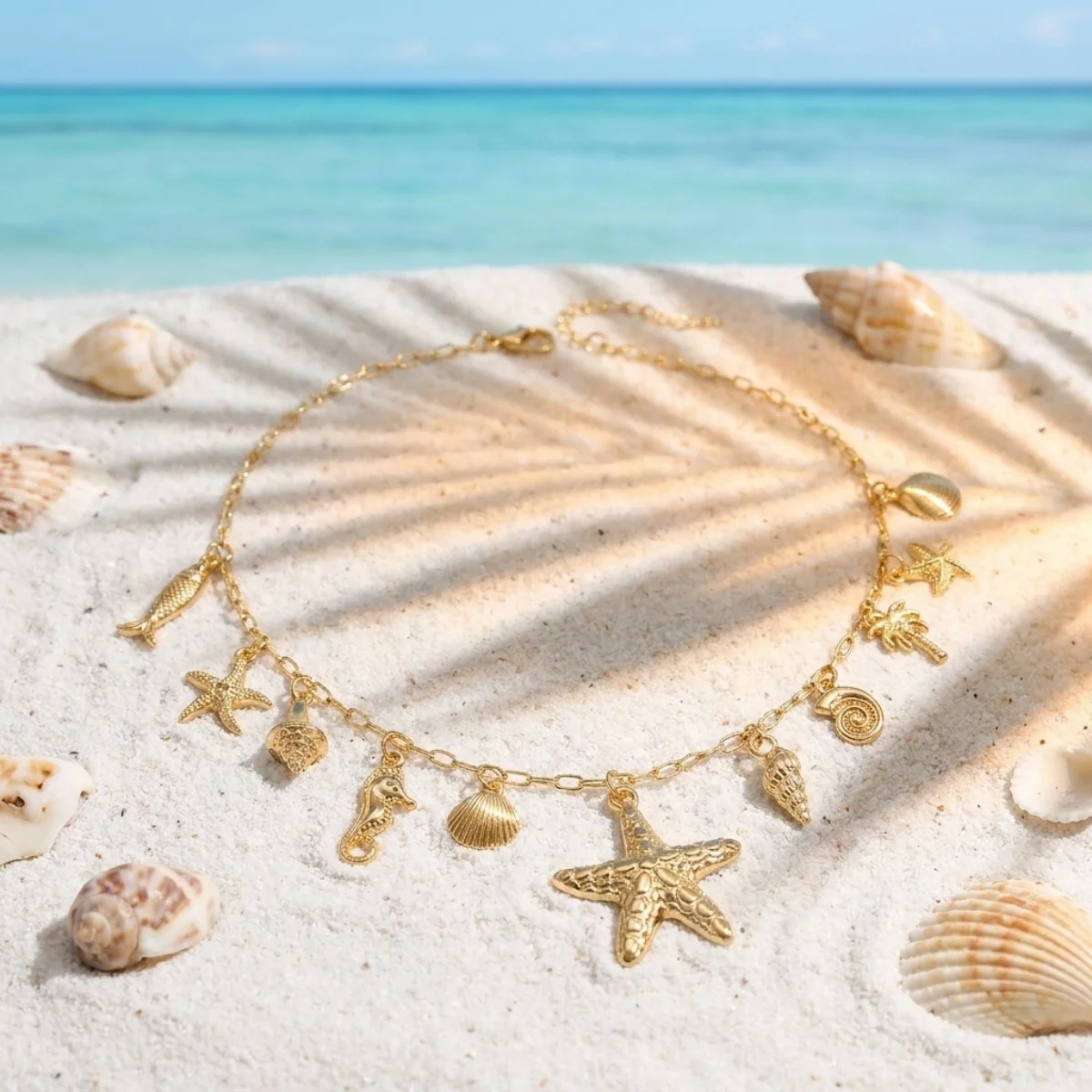 Boho Küsten-Halskette mit Seestern, Muschel, Seepferdchen, Schnecke, Fisch, Kokosnussbaum-Anhänger für Damen und Herren, Sonnen-Hummer-Choker, Sommer-Schmuck – Detail 18