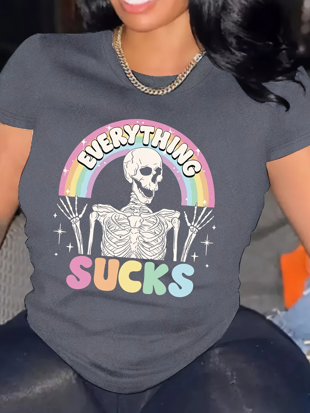 Women'S Casual T-Shirt with Everything Sucks Skeleton Graphic Knit Fabric Crew Neck Slight Stretch Summer Top