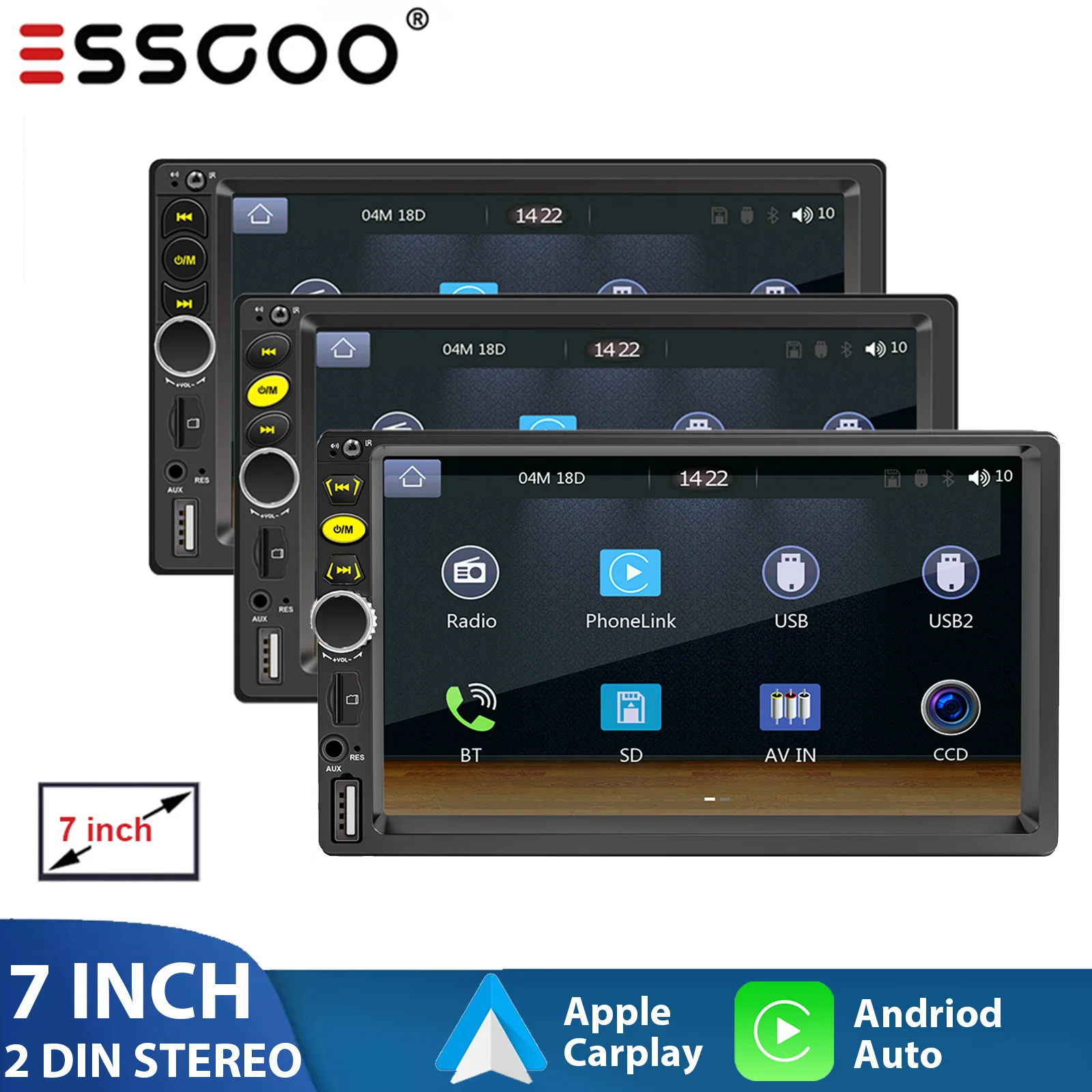 

ESSGOO 2 Din Carplay Car Stereo 7 Inch Multimedia MP5 Player Android-Auto Bluetooth FM Car Autoradio For Nissan KIA Volkswagen