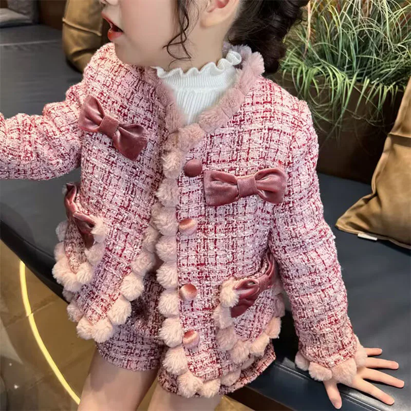 

Adorable Pompom Design Baby Girls Tweed Coat and Shorts Soft Warm Autumn Winter Kids Clothing Set Teens Outfits for 2-7Years