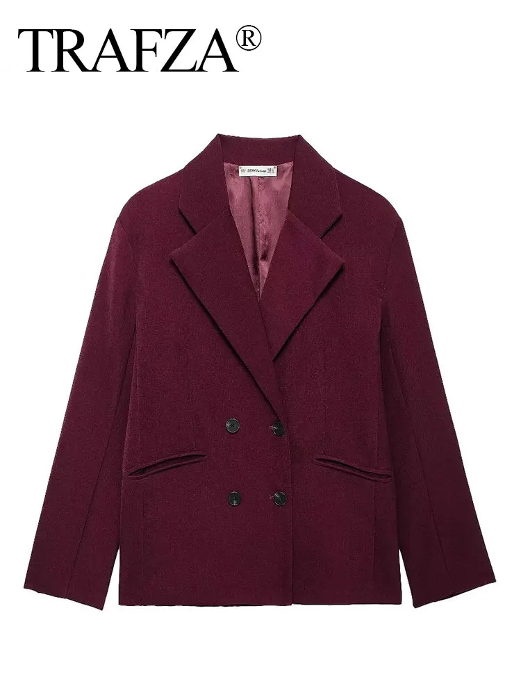 

TRAFZA 2024 Burgundy Red Blazer For Women Fashion Long Sleeves Loose Suit Coat Woman Commute Office Lady Female Cardigan Top