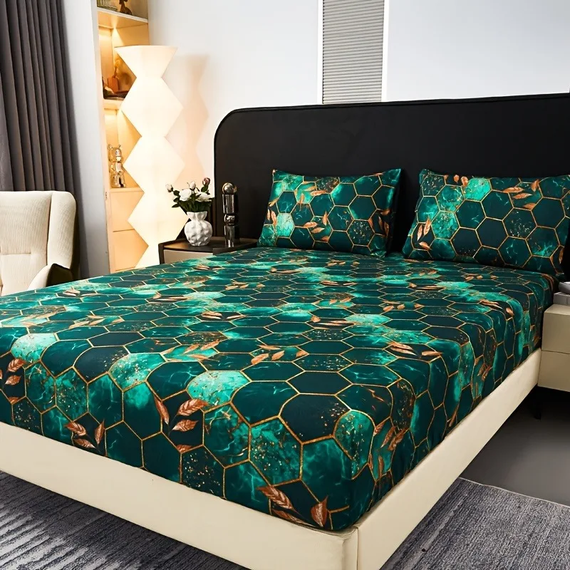 Ocean-Themed Geometric Grid Pattern Printed Fitted Sheet Set, Featuring High-End 3D Pattern Dyeing, Soft And Skin-Friendly