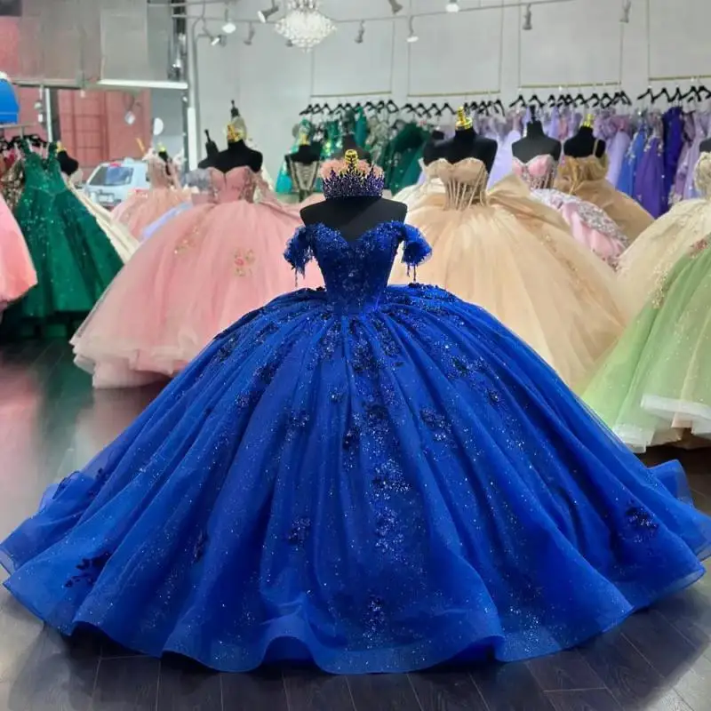 Koningsblauw Uit De Schouder Quinceanera Jurken Baljurk Applicaties Kant Aangepaste Corset Vestidos De XV Anos Aangepaste 2025